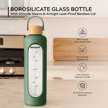 HomePuff borosilicate glass water bottle 1000ml with silicone sleeve